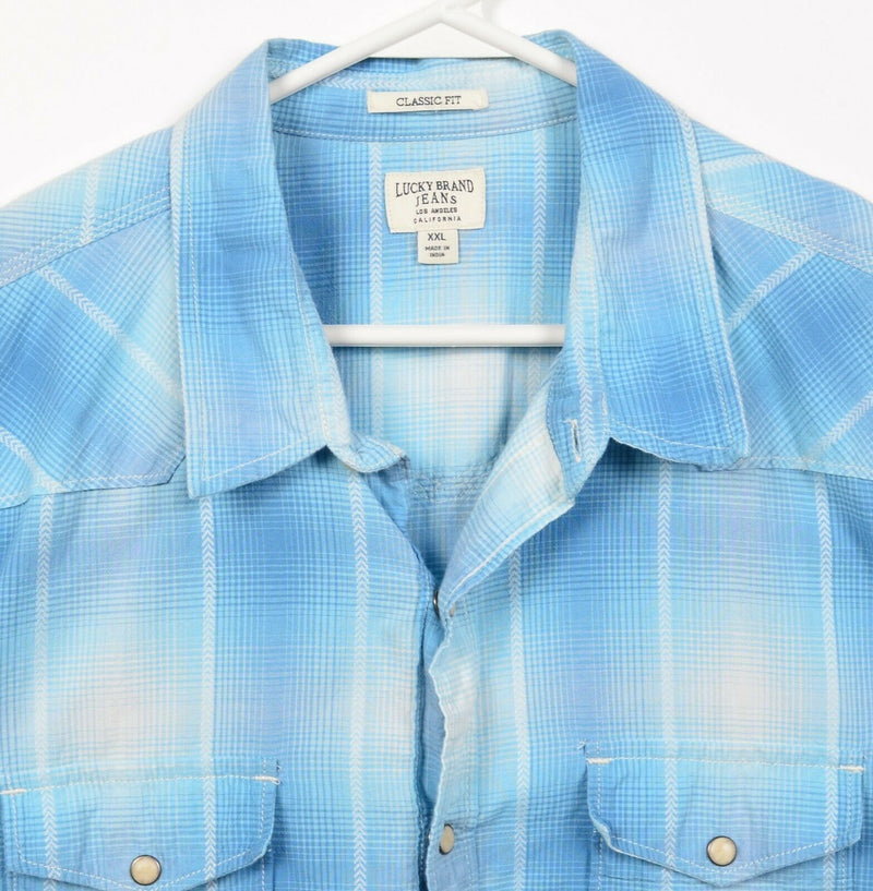 Lucky Brand Jeans Men's 2XL Classic Fit Pearl Snap Blue Plaid Western Shirt