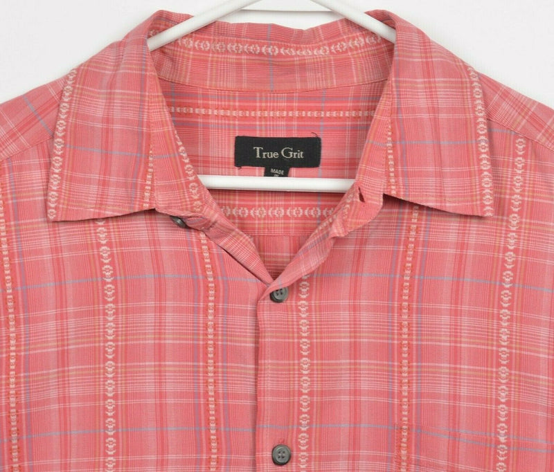 True Grit Men's XL Pink Plaid Geometric Short Sleeve Button-Front Shirt