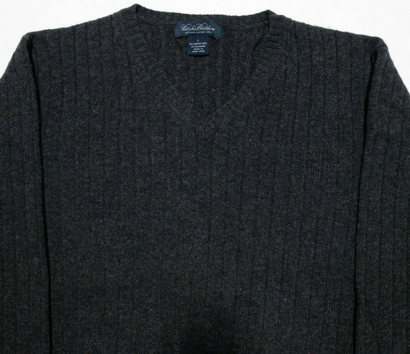 Brooks Brothers Men's Large Merino Wool Cashmere Dark Gray Knit V-Neck Sweater