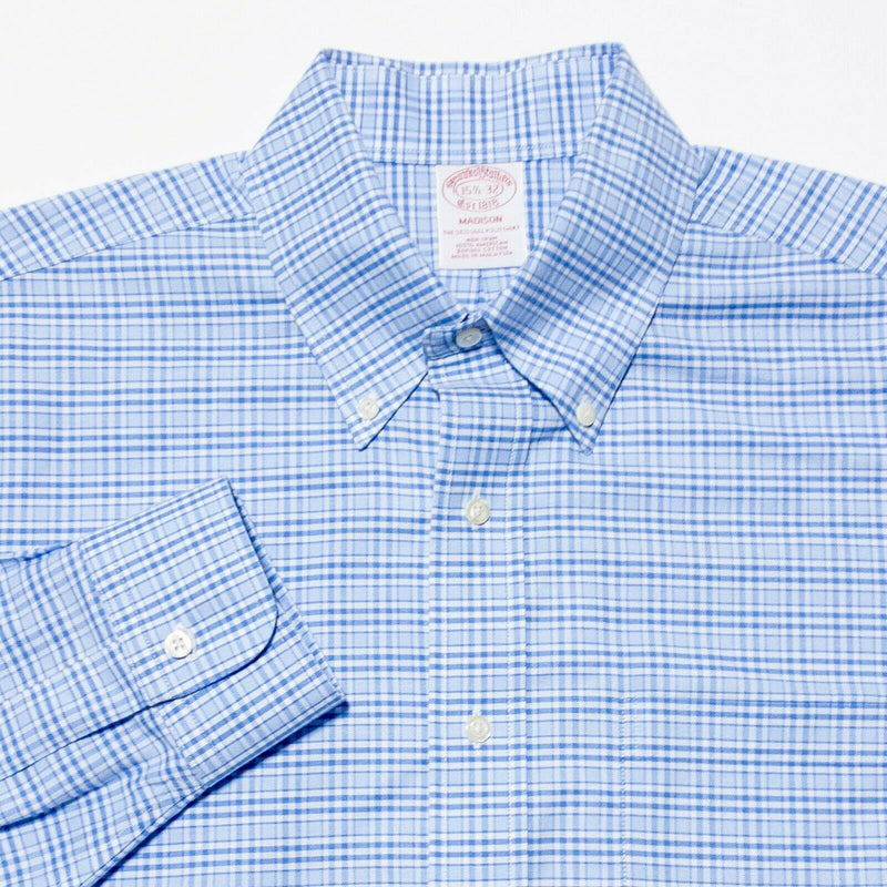 Brooks Brothers Non-Iron Madison Dress Shirt Button-Down Blue Plaid Men 15.5-32