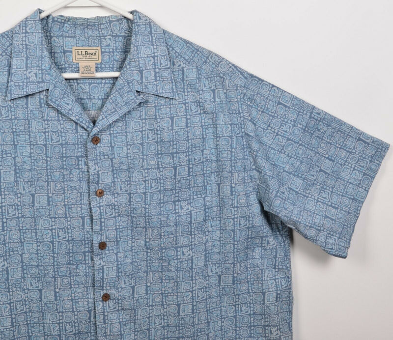 LL Bean Men's LT (Large Tall) Blue Aztec Geometric Button-Front Hawaiian Shirt