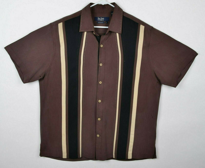 Nat Nast Men’s Sz Large American Fit 100% Silk Brown Striped Bowling Shirt