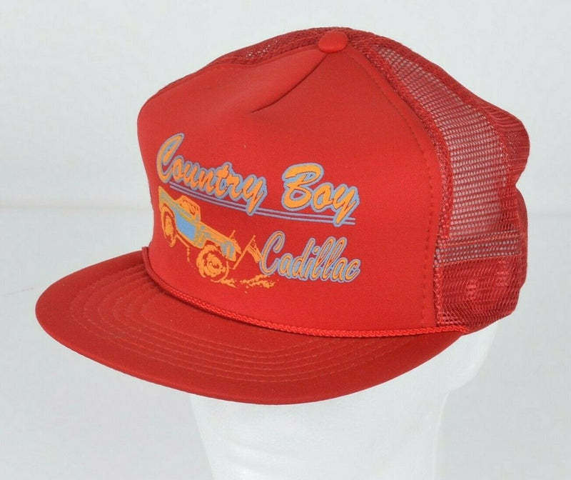 Vtg Country Boy Cadillac Men's Red Pick-Up Truck Snapback Mesh Trucker Hat