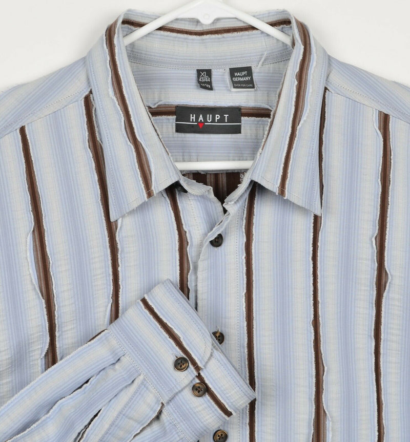 Haupt Germany Men's Sz XL Blue Brown Striped Shredded Long Sleeve Shirt