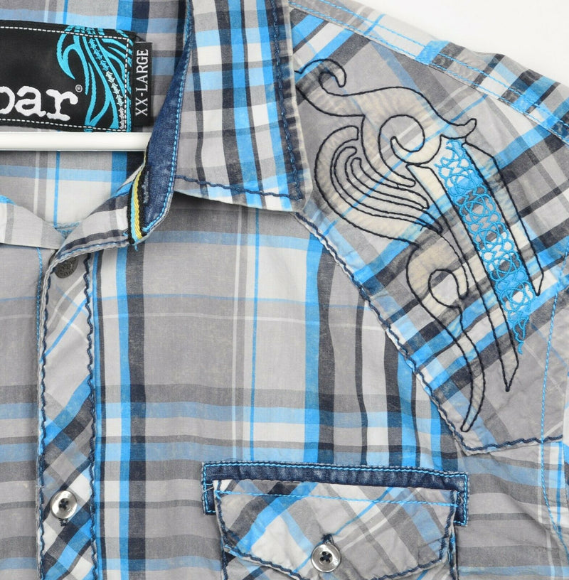 Roar Signature Men's 2XL Tribal Blue Gray Distressed Button-Front Shirt