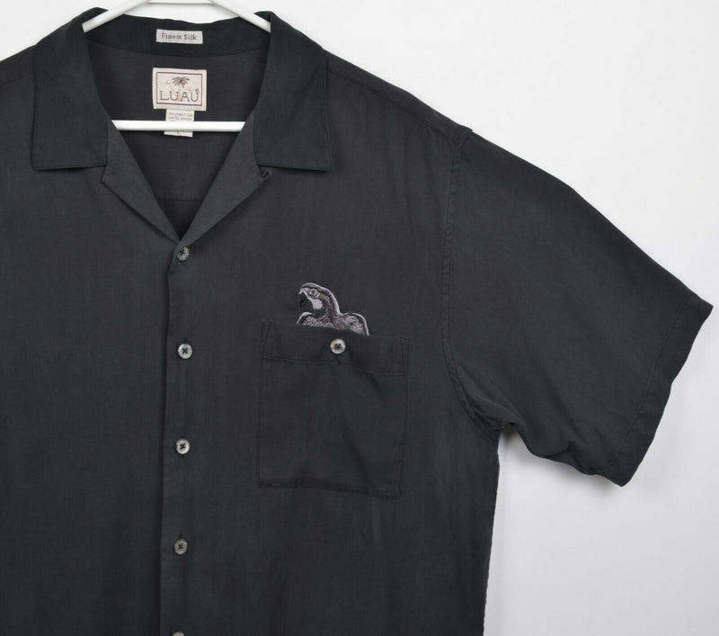 Luau Men's Large Polly Wants a Drink 100% Silk Black Embroidered Hawaiian Shirt