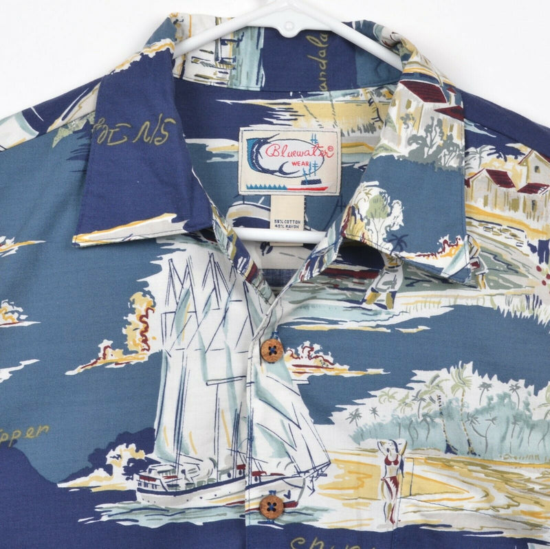 Bluewater Wear Men's Sz Small Sailboat Ships Rayon Blend USA Hawaiian Shirt