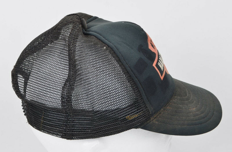 Vtg 80s Harley-Davidson Emblem Logo Snapback Black Orange Mesh Trucker Hat