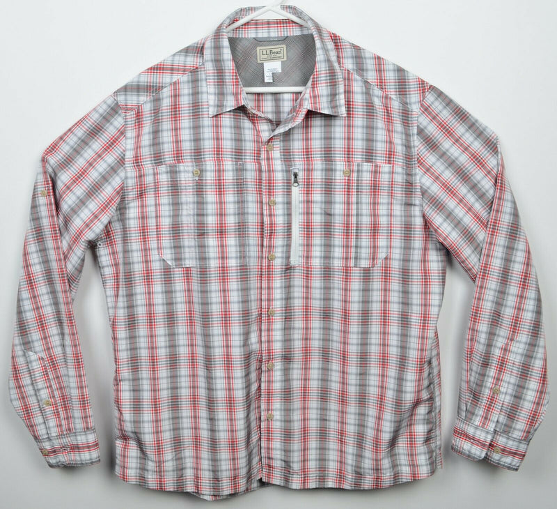 L.L. Bean Men's Large Red Gray Striped Vented Fishing Travel Outdoor Shirt