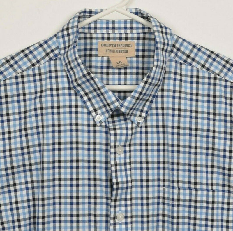Duluth Trading Co Men's 2XL Wrinkle Fighter Blue Black Check Button-Down Shirt