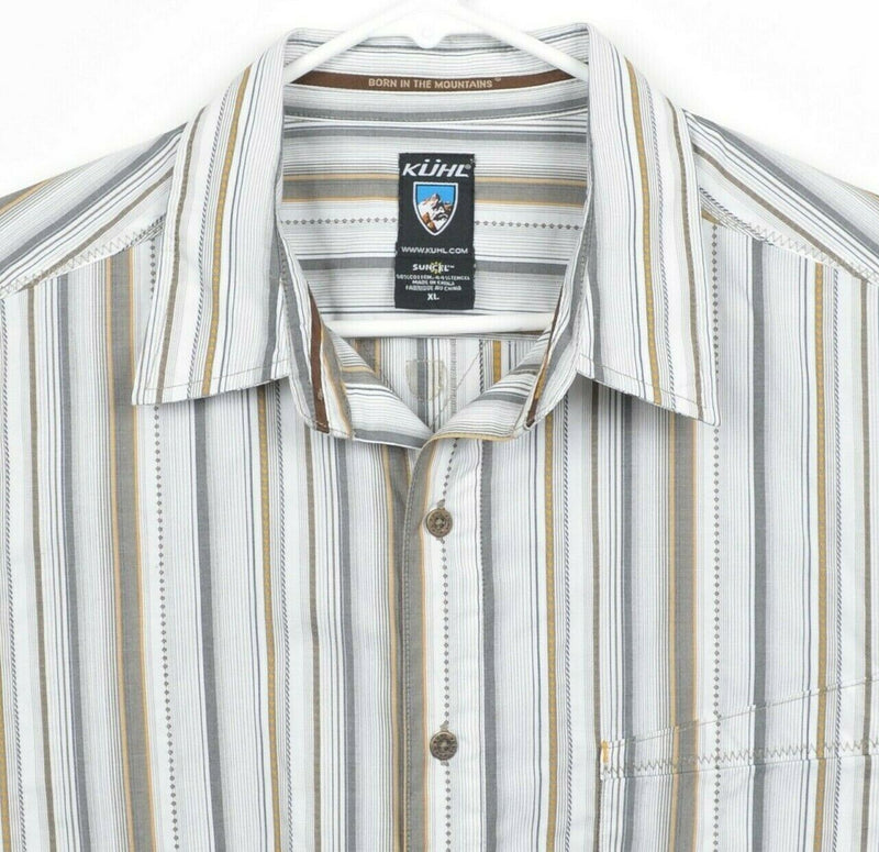 Kuhl Men's Sz XL Suncel White Gray Striped Short Sleeve Hiking Outdoors Shirt