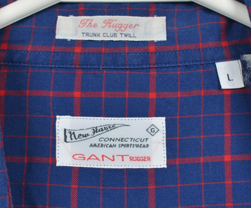 GANT Men's Large The Hugger Trunk Club Twill Navy Blue Red Plaid Button Shirt