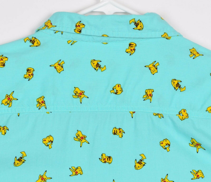 Pokemon Men's Sz Large Pikachu Patterned Teal Hawaiian Aloha Rayon Blend Shirt