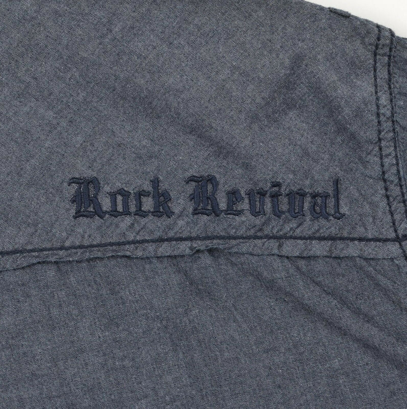 Rock Revival Men's Sz XL Gray/Blue Embroidered Long Sleeve Button-Front Shirt