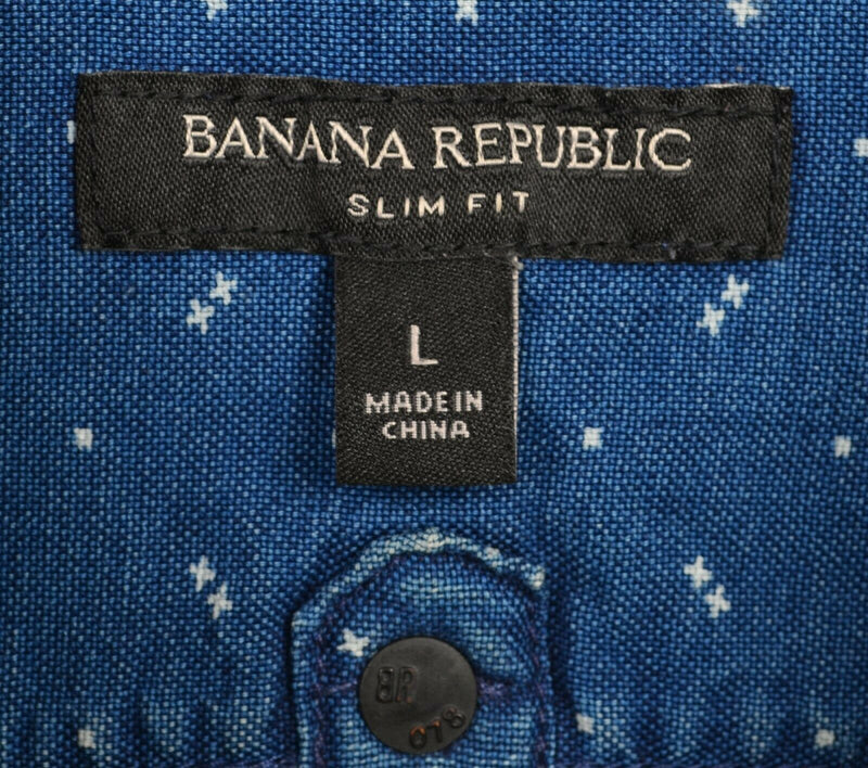 Banana Republic Men's Large Slim Fit Pearl Snap Indigo Blue Chambray Dot Shirt