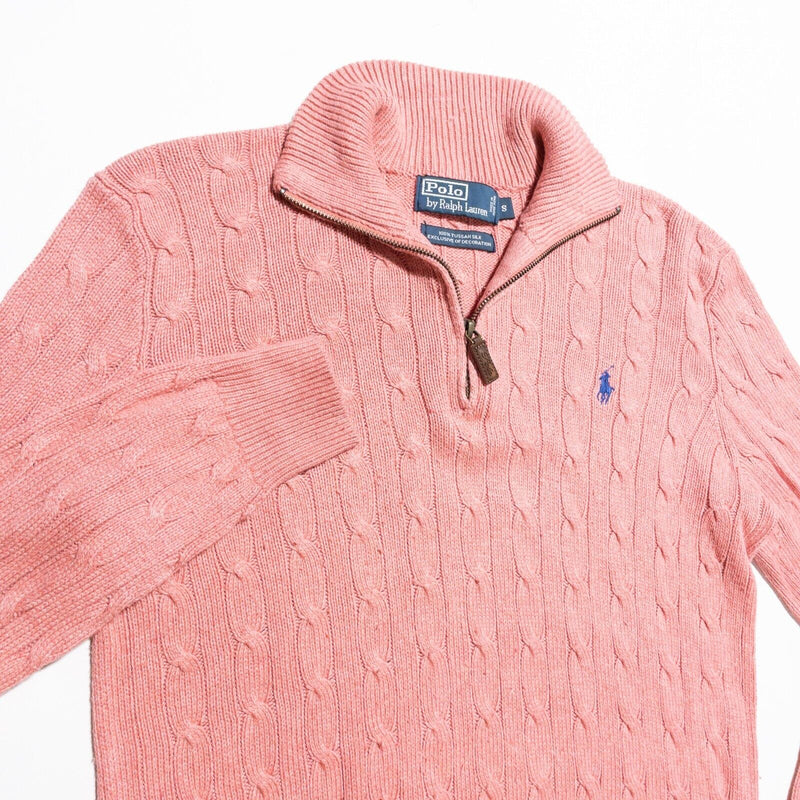 Polo Ralph Lauren Tussah Silk Sweater Men's Small Cable-Knit Pink 1/4 Zip Preppy