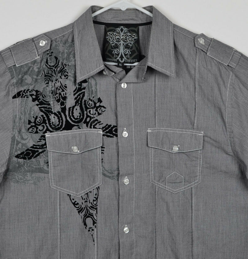 Roar Men's Sz Large Embroidered Lion Gray Striped Long Sleeve Venture Shirt