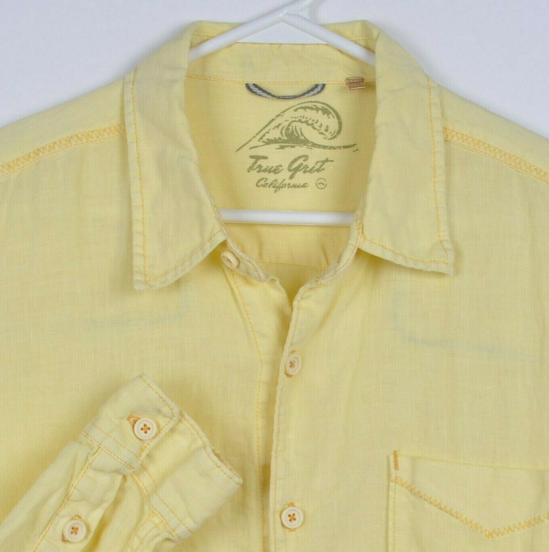 True Grit California Men's Medium 100% Linen Solid Yellow Button-Front Shirt