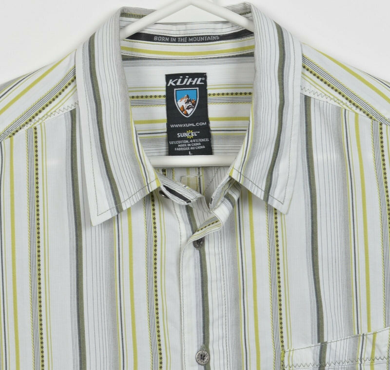 Kuhl Suncel Men's Large White Gray Striped Hiking Outdoor Button-Front Shirt