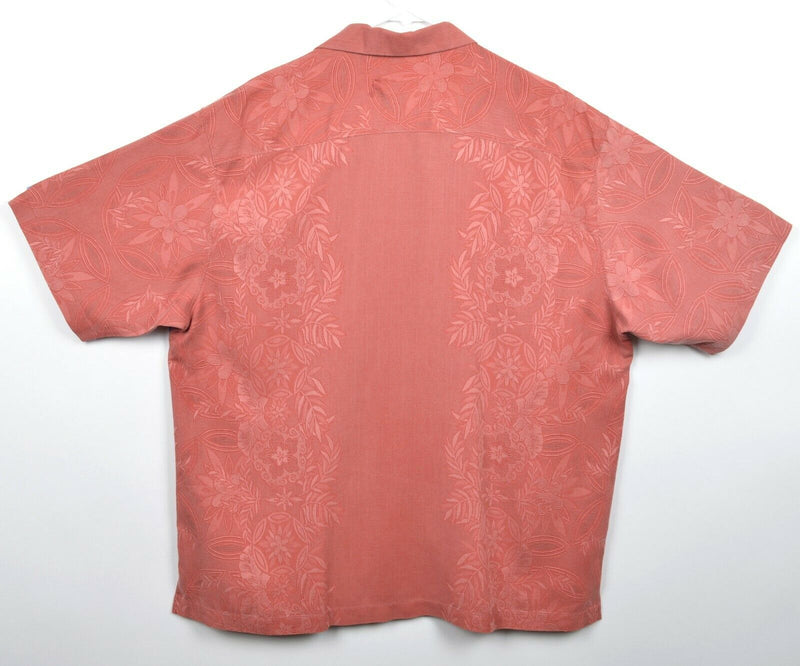Tommy Bahama Men's Sz XL 100% Silk Salmon Floral Textured Hawaiian Shirt