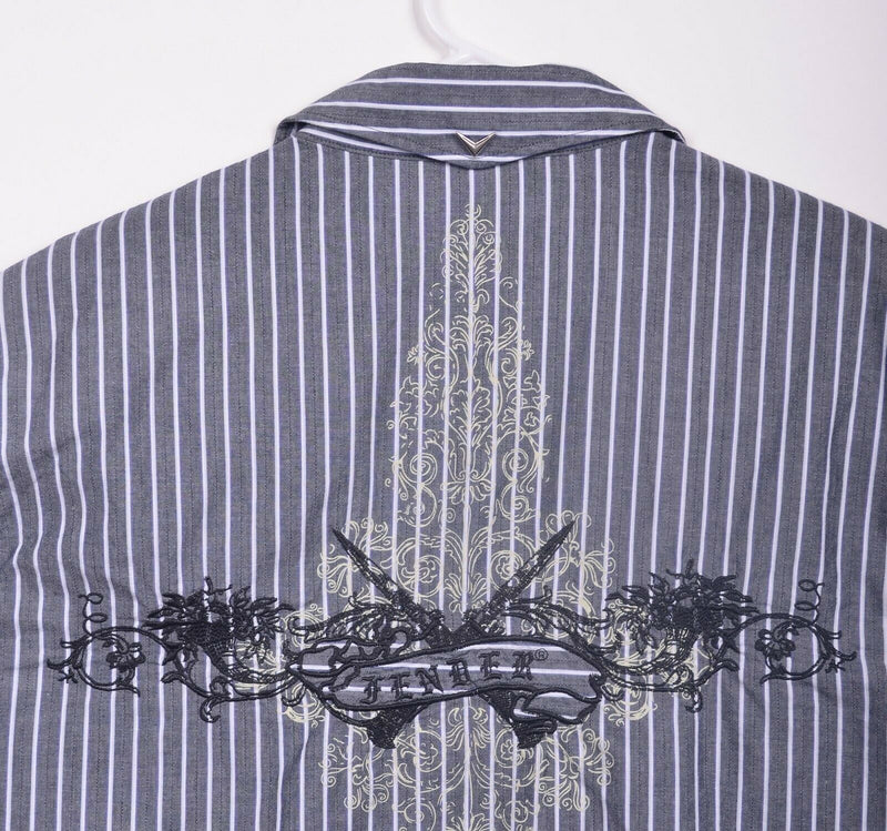 Fender Mens Sz 2XL Rock & Roll Religion Embroidered Striped Clarinet Flute Shirt