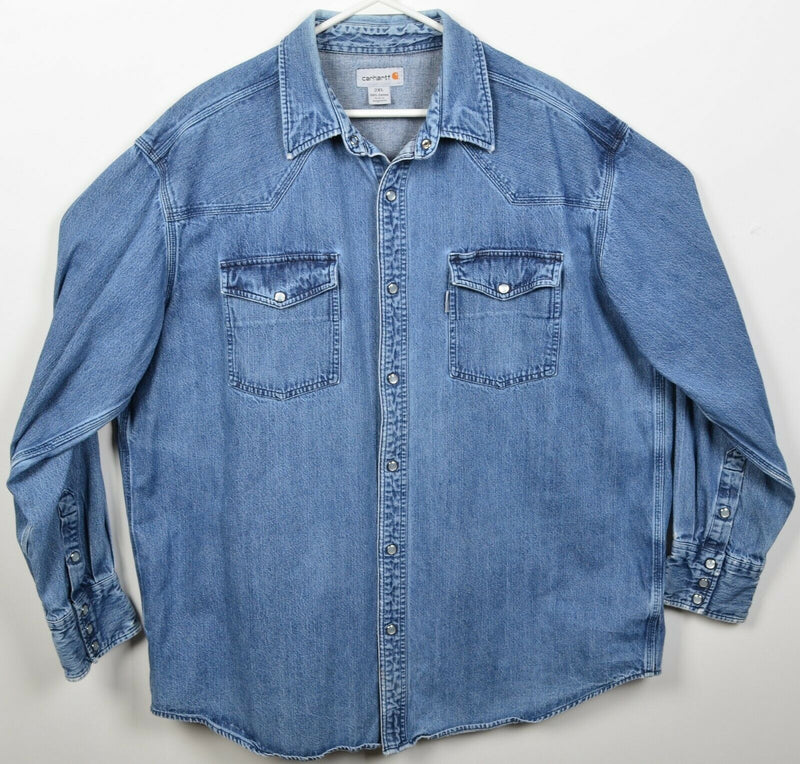 Carhartt Men's 2XL Pearl Snap Denim Indigo Blue Faded Distressed Western Shirt