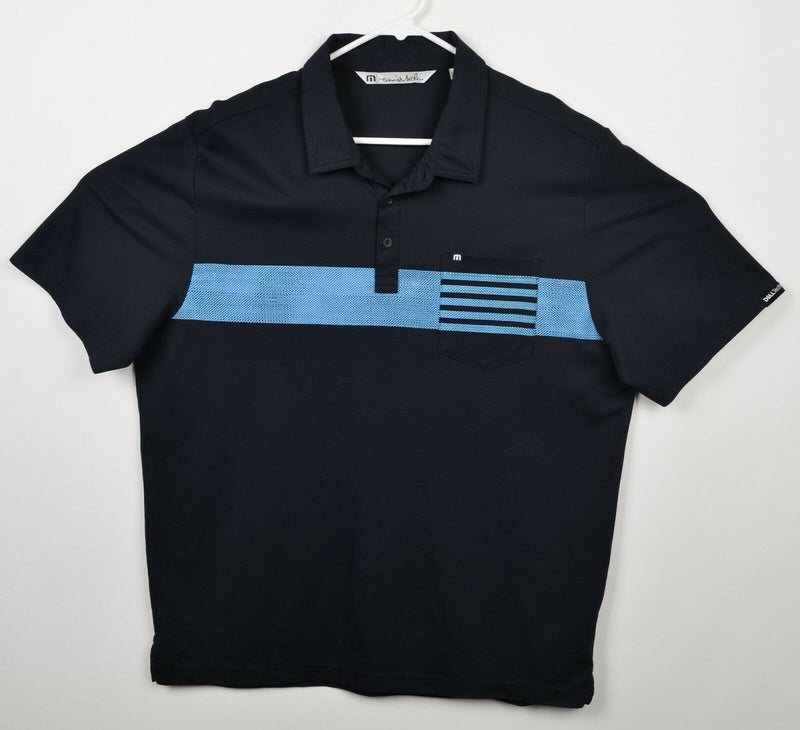 Travis Mathew Men's Sz XL Black Blue Striped Golf Pocket Polo Shirt