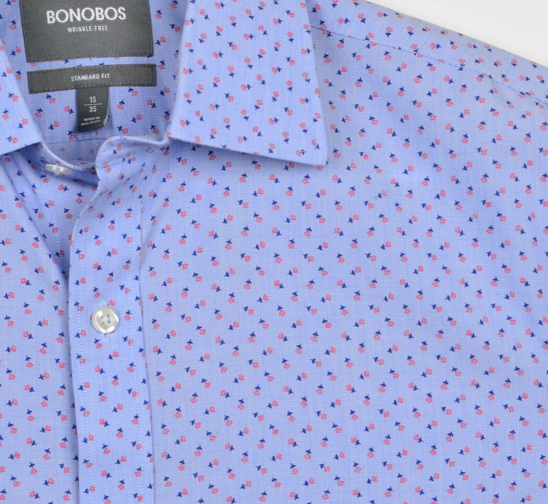 Bonobos Wrinkle-Free Men's Sz 15/35 Floral Blue Long Sleeve Dress Shirt