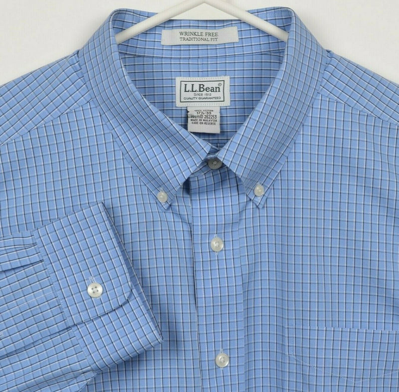 LL Bean Men's 17.5-33 Traditional Fit Wrinkle Free Blue Plaid Button-Down Shirt