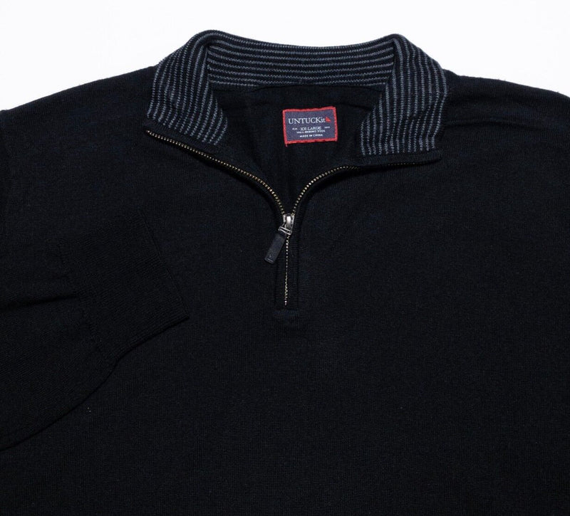 UNTUCKit Sweater Men's 2XL Merino Wool 1/4 Zip Pullover Knit Solid Black Modern