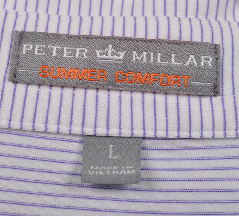 Peter Millar Summer Comfort Men's Sz Large White Purple Micro-Striped Golf Shirt