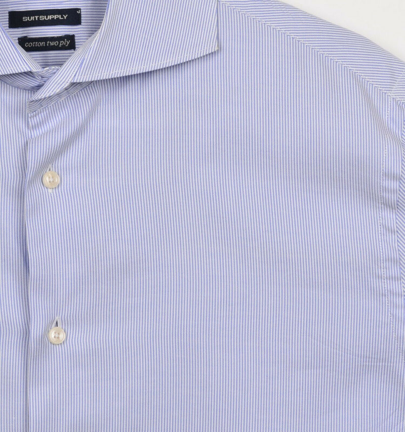 Suitsupply Men's 16 Blue White Micro-Striped Spread Collar Cotton Dress Shirt