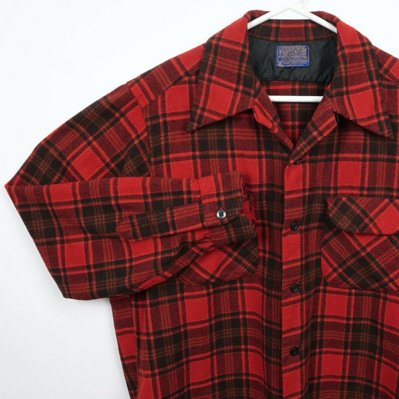 Vintage 80s Pendleton Men's Large Wool Red Plaid Flannel Loop Collar Board Shirt