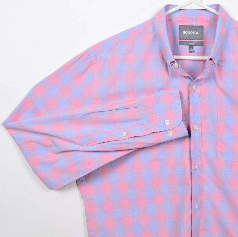 Bonobos Men's Large Slim Fit Pink Blue Check Long Sleeve Button-Down Shirt