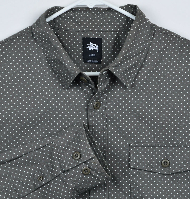 Stussy Men's Sz XL Gray White Polka Dot Long Sleeve Button-Front Shirt