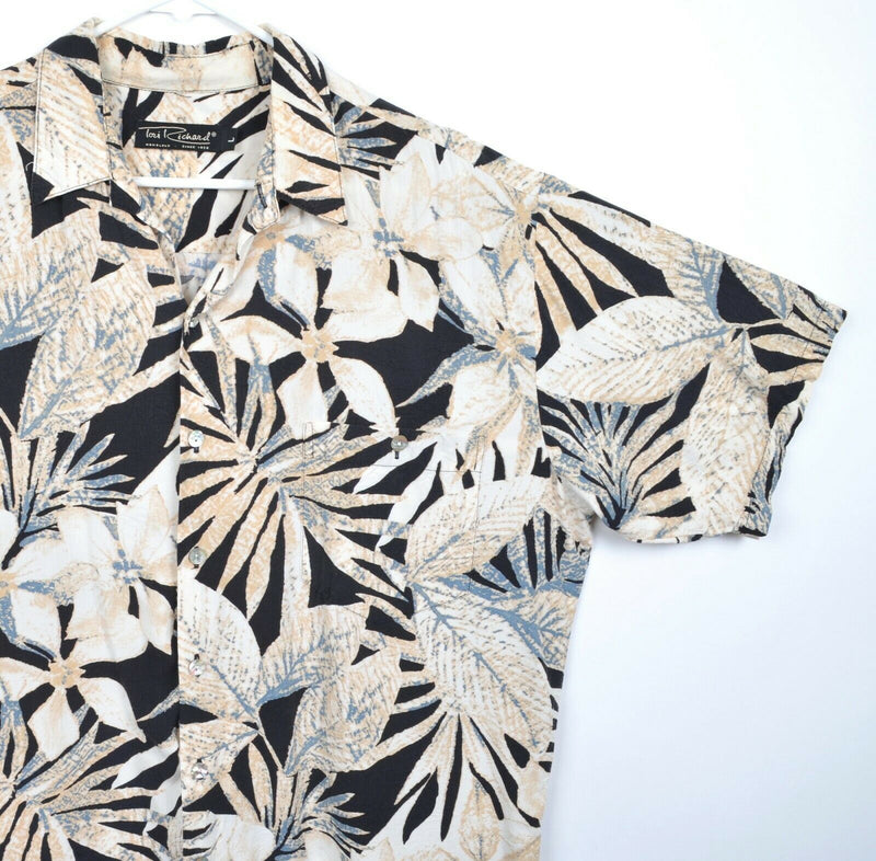 Tori Richard Men's Sz Large 100% Viscose Rayon Black Tan Floral Hawaiian Shirt