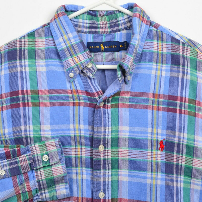 Polo Ralph Lauren Men XL Flannel Blue Green Multi-Color Plaid Button-Down Shirt