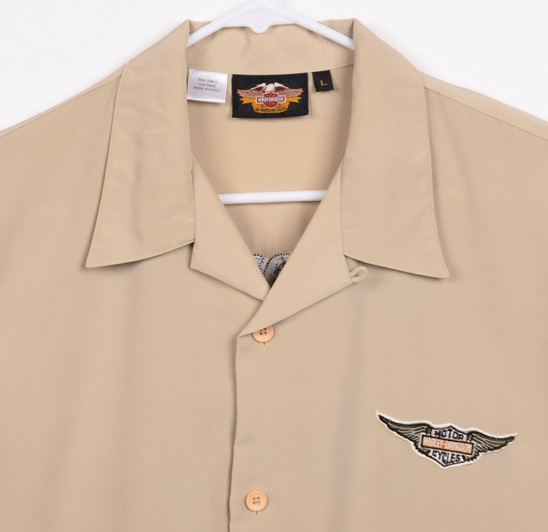 Harley Davidson Men's Large Embroidered Vintage Bike Tan Hawaiian Camp Shirt