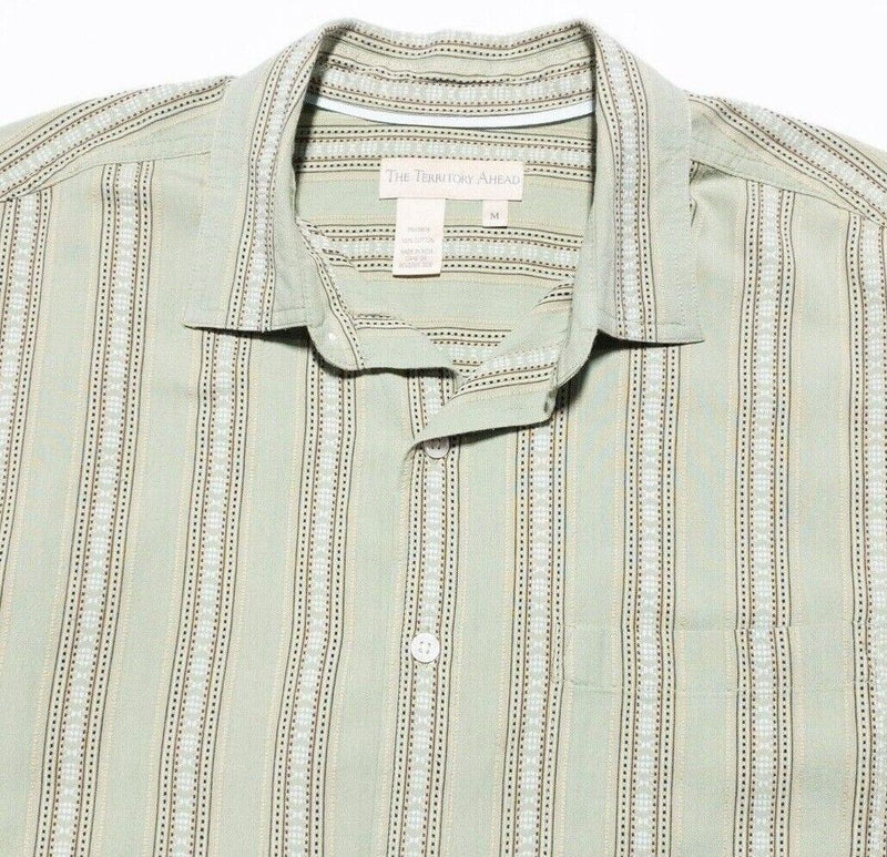 Territory Ahead Shirt Medium Men's Green Woven Stripe Button-Front 90s Casual