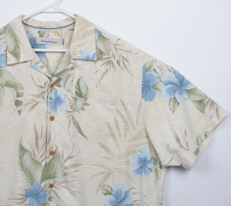 Tommy Bahama Men's XL 100% Silk Floral White Blue Hawaiian Aloha Camp Shirt