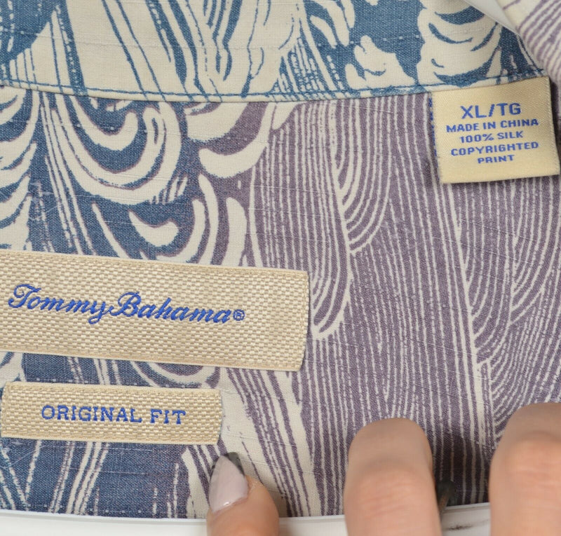 Tommy Bahama Men's XL Original Fit Waves 100% Silk Blue Purple Hawaiian Shirt