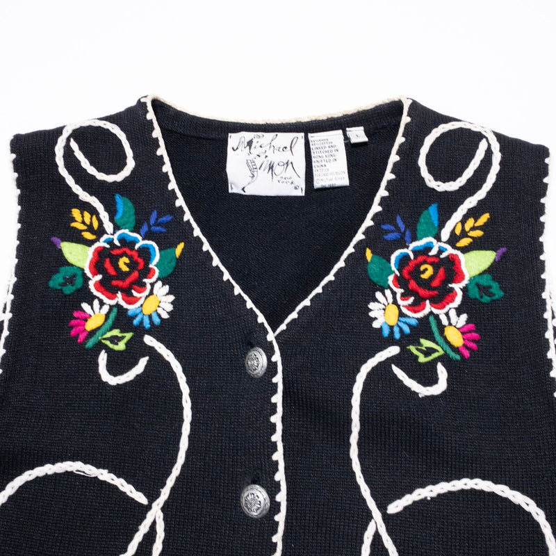 Michael Simon Sweater Vest Women's Large Vintage 80s Rodeo Cowboy Black Floral