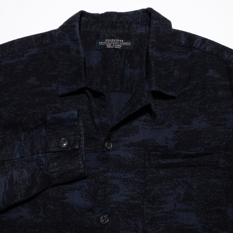 AllSaints Camo Shirt Men's XL Button-Up Black Blue Camouflage Print Fayette LS