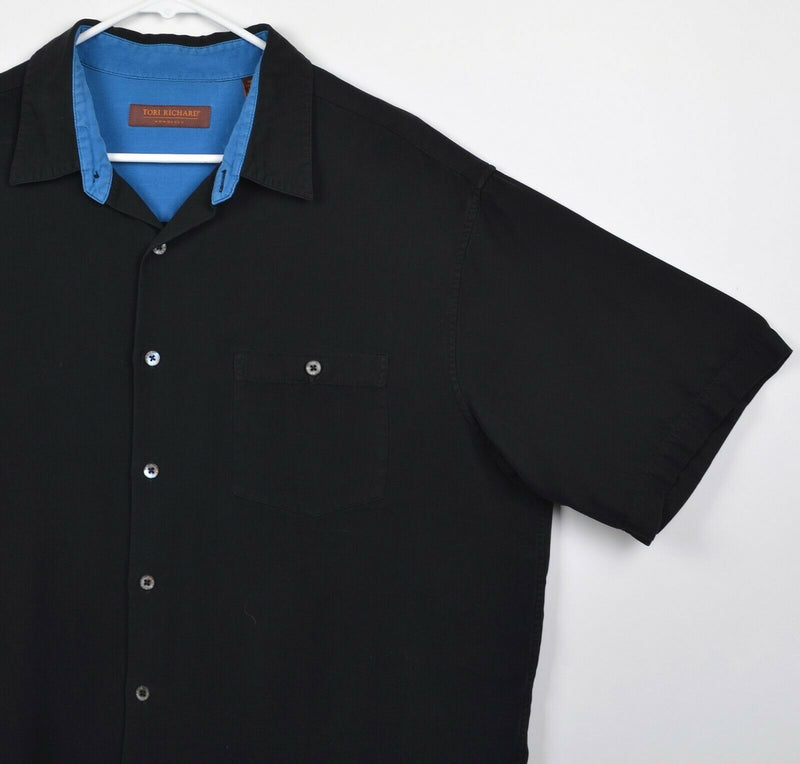 Tori Richard Men's XL Back Embroidered Silk Blend Black Blue Hawaiian Shirt