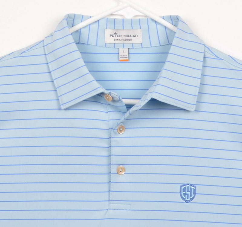 Peter Millar Summer Comfort Men's Sz Large Light Blue Striped Golf Polo Shirt