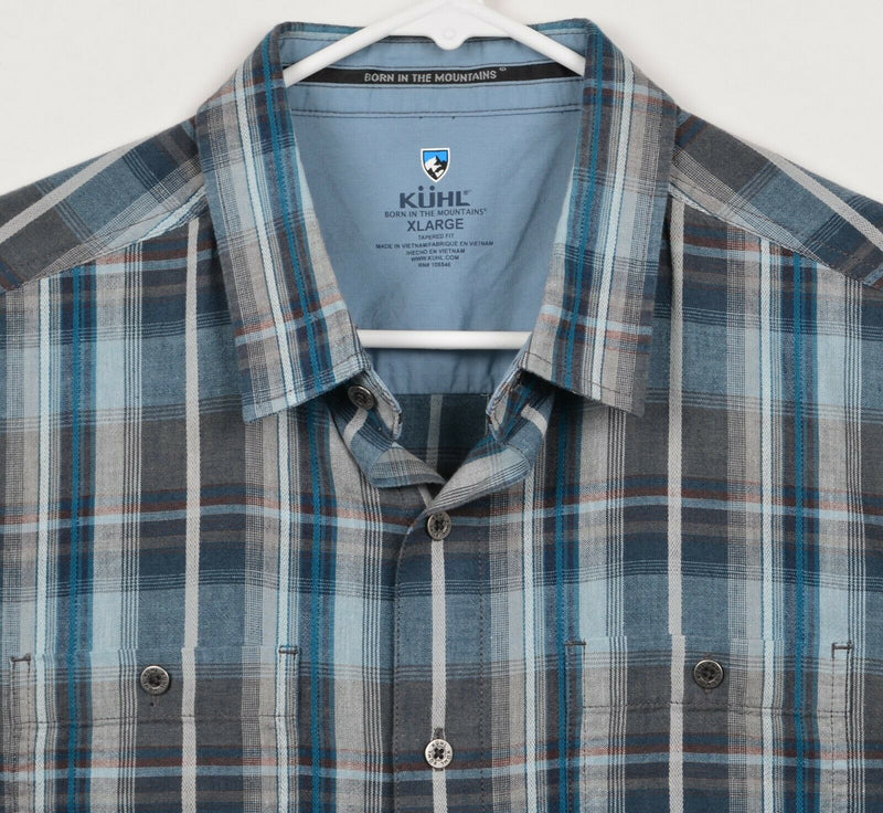 Kuhl Men Sz XL Taper Fit Linen Cotton Blend Blue Gray Plaid Hiking Casual Shirt
