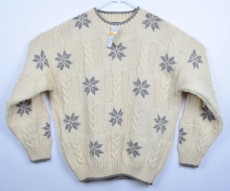 Vintage 90s Lands End Men's Medium 100% Wool Cable-Knit Snowflake Cream Sweater