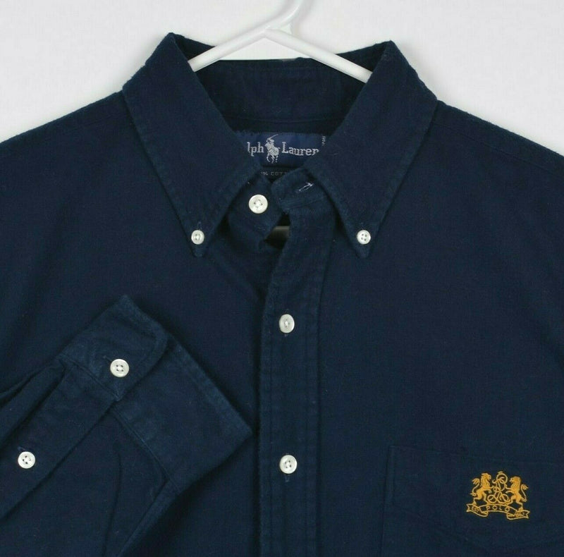 Vintage 90s Polo Ralph Lauren Men's Large Lion Crest Navy Blue Flannel Shirt