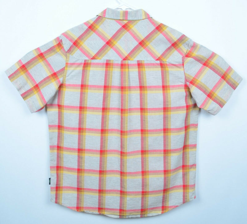 STIO Men's Sz Large Pearl Snap Red Plaid Cotton Poly Linen Blend Hiking Shirt