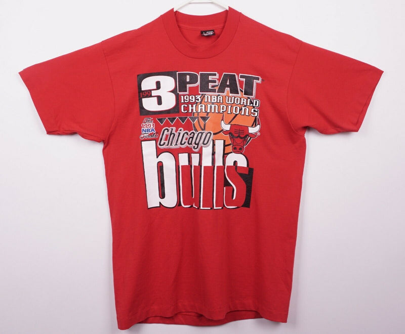 Vtg 1993 Chicago Bulls Men's Large 3 Peat NBA Champs Red Graphic T-Shirt
